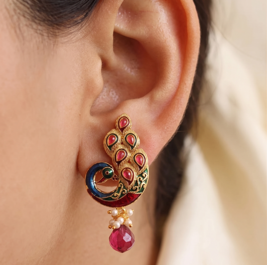 Beautiful Matte Finish Pink Peacock Earrings-dj07740