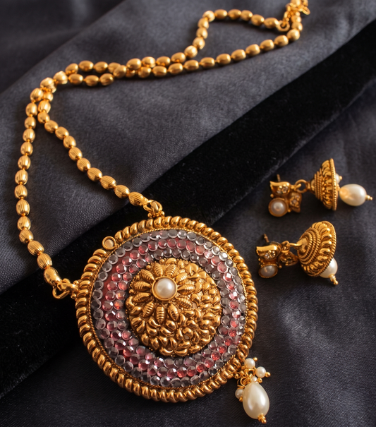 Antique gold tone Transparent Stones Maroon Necklace Set-dj07761