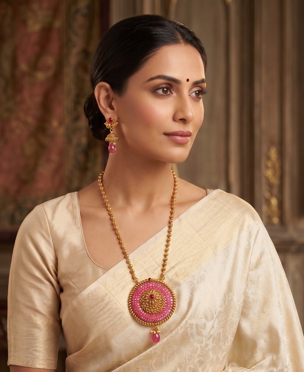 Antique gold tone Transparent Stones Pink Necklace Set-dj07763