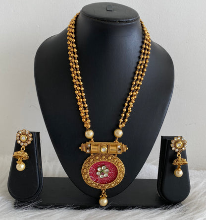 Antique gold tone Transparent Stone Pink Kundan Necklace Set-dj07767