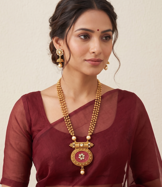 Antique gold tone Transparent Stone Pink Kundan Necklace Set-dj07767