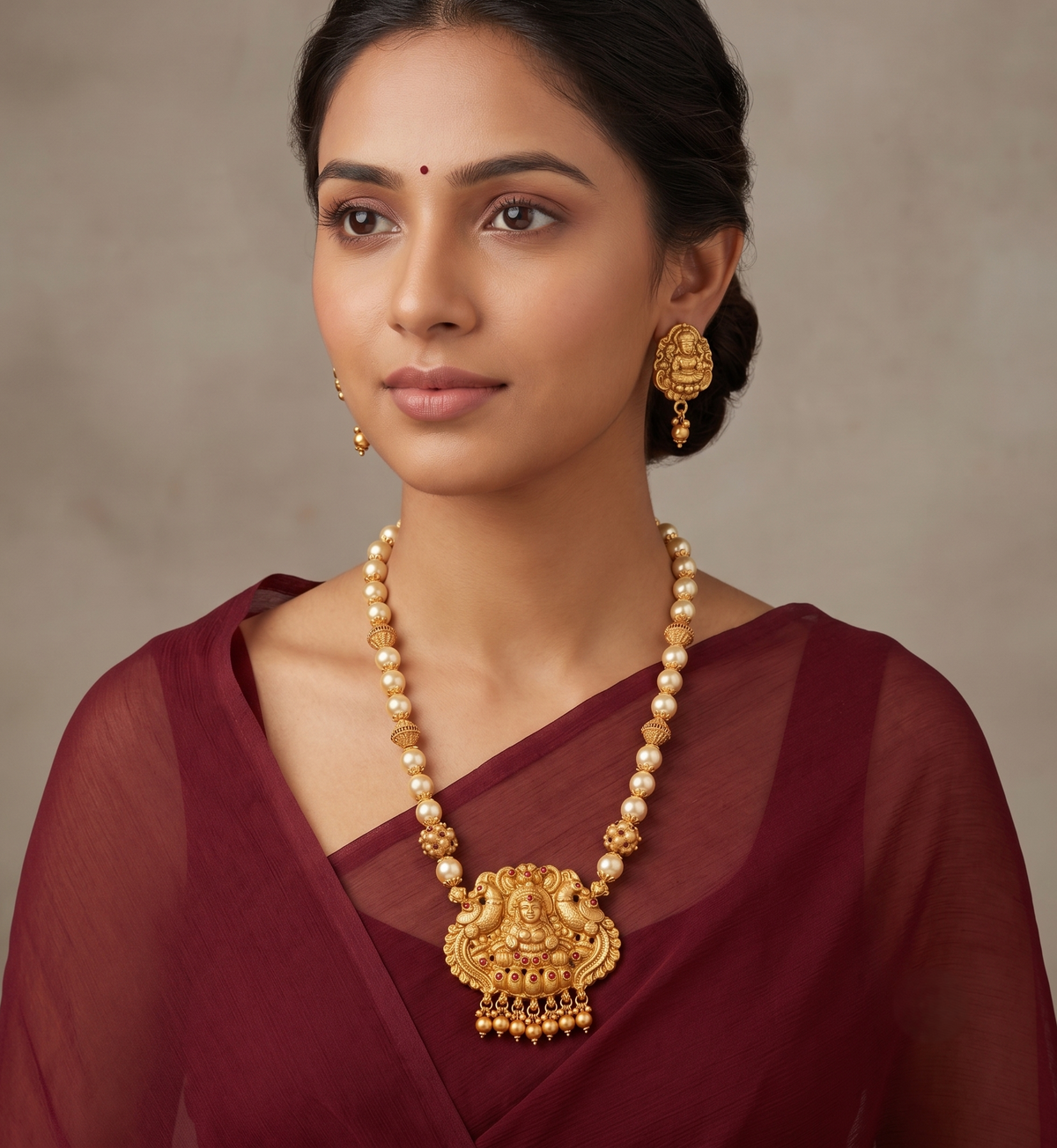 Matte finish pink-green lakshmi pearl short haar set dj-07768