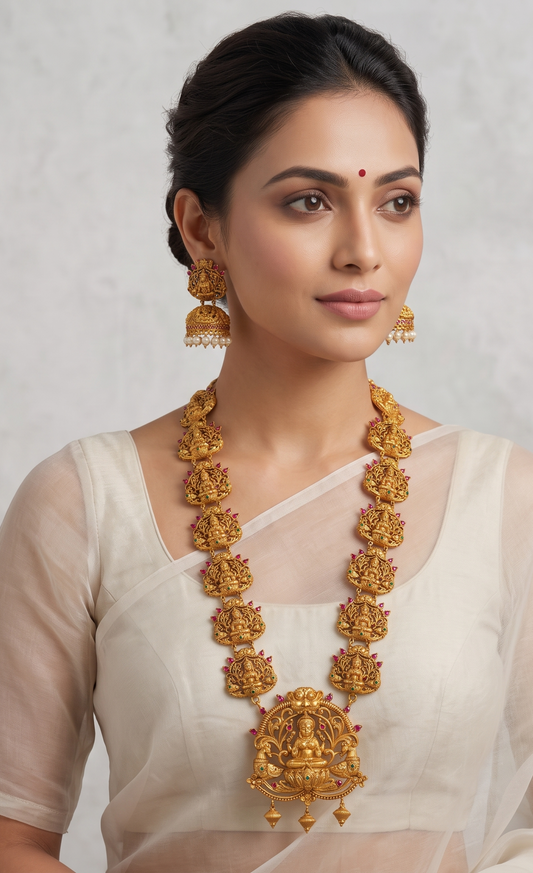 Antique nagaas ruby-emerald Lakshmi bridal long haar set dj-07774