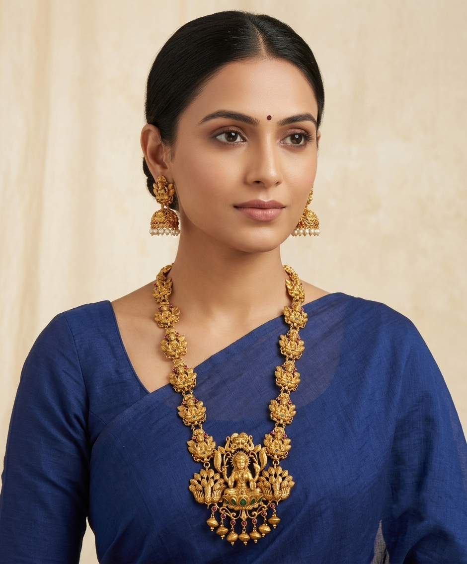 Antique nagaas ruby-emerald Lakshmi bridal long haar set dj-07776