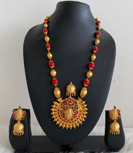 Matte finish coral color beaded Lakshmi necklace set dj-07779