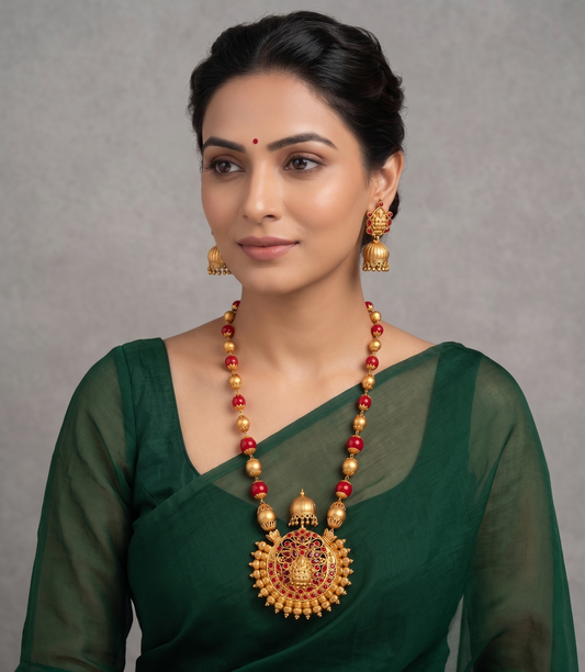 Matte finish coral color beaded Lakshmi necklace set dj-07779