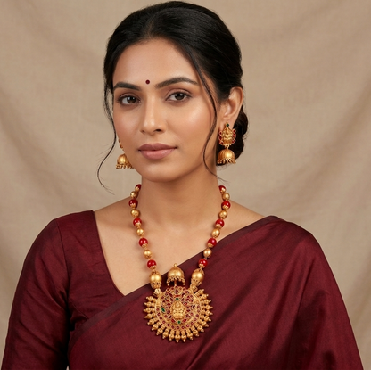 Matte Finish Coral color beaded Lakshmi necklace set  dj-07780