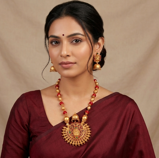 Matte Finish Coral color beaded Lakshmi necklace set  dj-07780