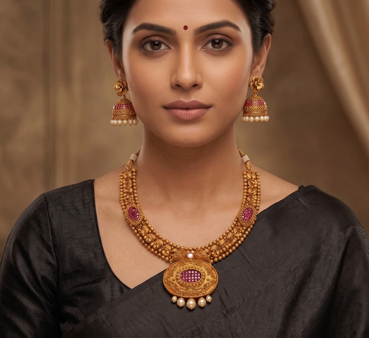 Matte finish ruby-pearl mango necklace set -dj07787