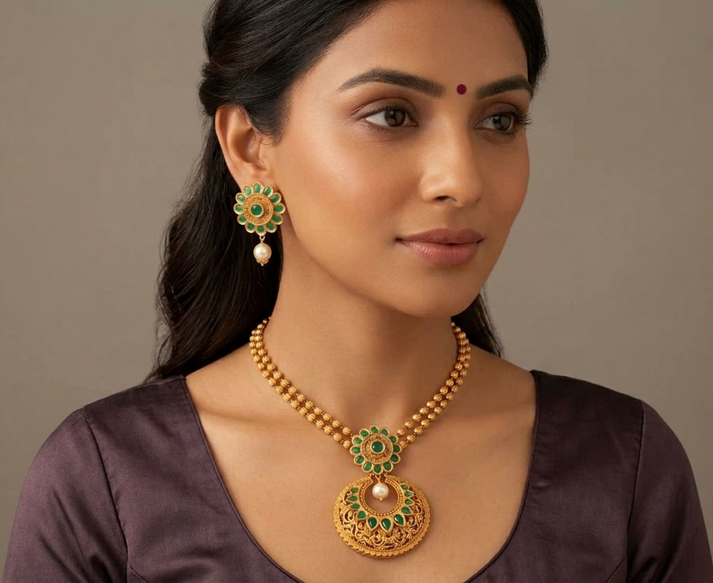 Matte finish emerald flower bali necklace set-dj07792