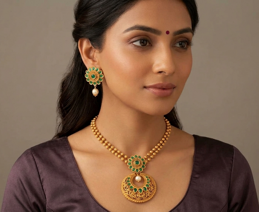 Matte finish emerald flower bali necklace set-dj07792
