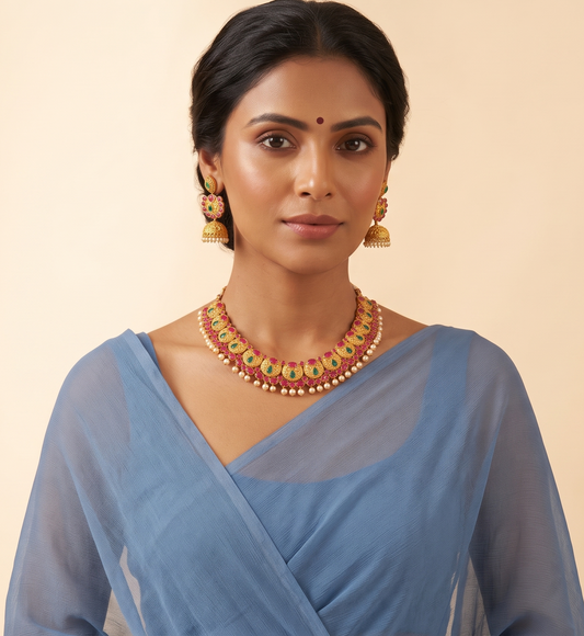 Matte finish ruby-emerald pearl necklace set-dj07794