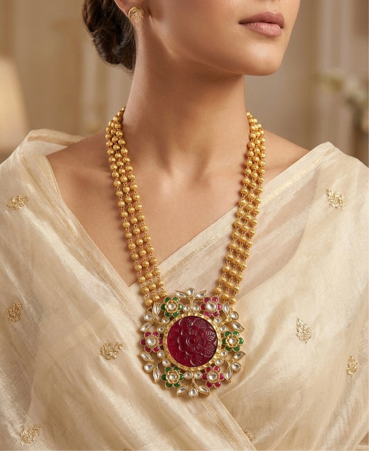 Gold tone red carved stone round jadau flower necklace dj-54518