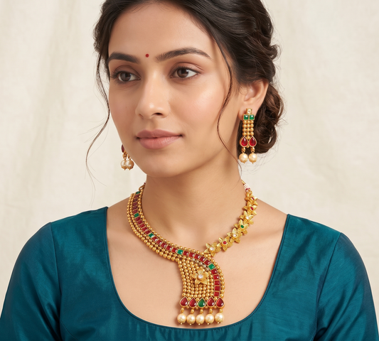 Antique gold tone ruby-green necklace set -dj07811