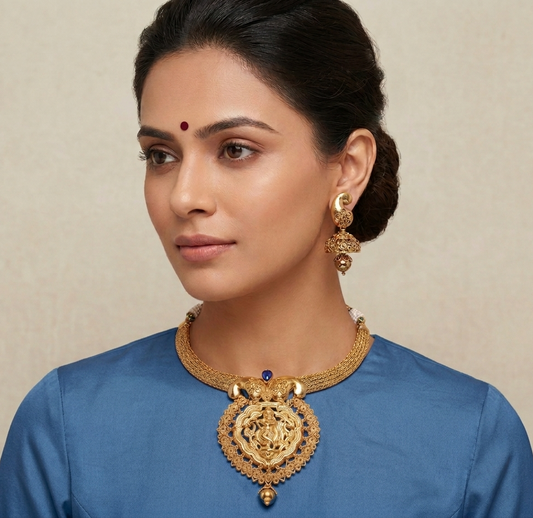 Gorgeous Antique Nagaas Blue Krishna Choker Necklace Set -dj07813