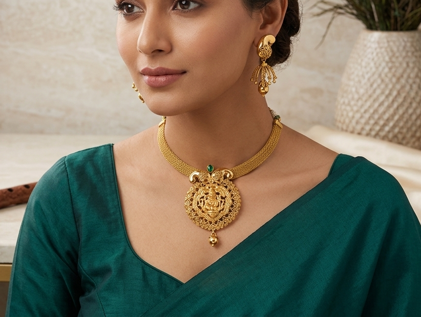 Antique nagaas green krishna choker necklace set dj-07817