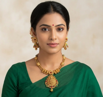 Gorgeous Antique Nagaas Kemp-green Lakshmi Necklace Set -dj07823