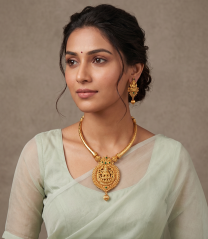 Antique gold tone Green Lakshmi Kante Necklace Set-dj07828