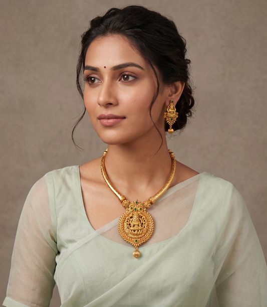 Antique gold tone Green Lakshmi Kante Necklace Set-dj07828