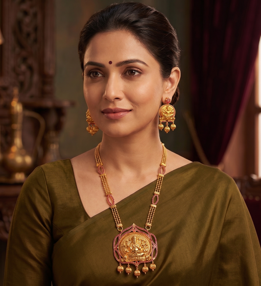 Gold Tone Ruby Lakshmi Necklace Set-dj07835
