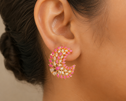 Awesome Gold Tone Ruby-white Earrings -dj07845