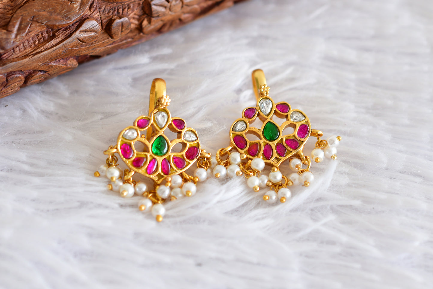 Gold tone pink-green-white kundan jadau bugadi earrings dj-52475