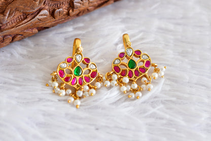 Gold tone pink-green-white kundan jadau bugadi earrings dj-52475