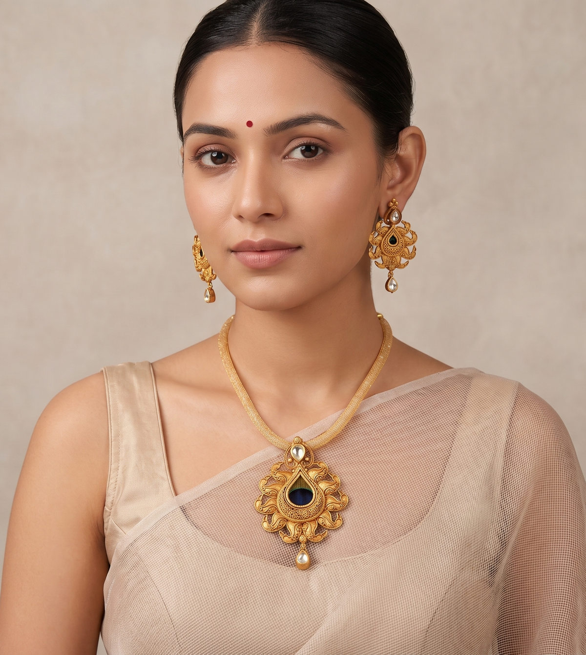 Gold tone kundan real peacock feather kundan necklace set dj-07886
