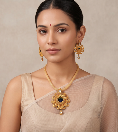 Gold tone kundan real peacock feather kundan necklace set dj-07886