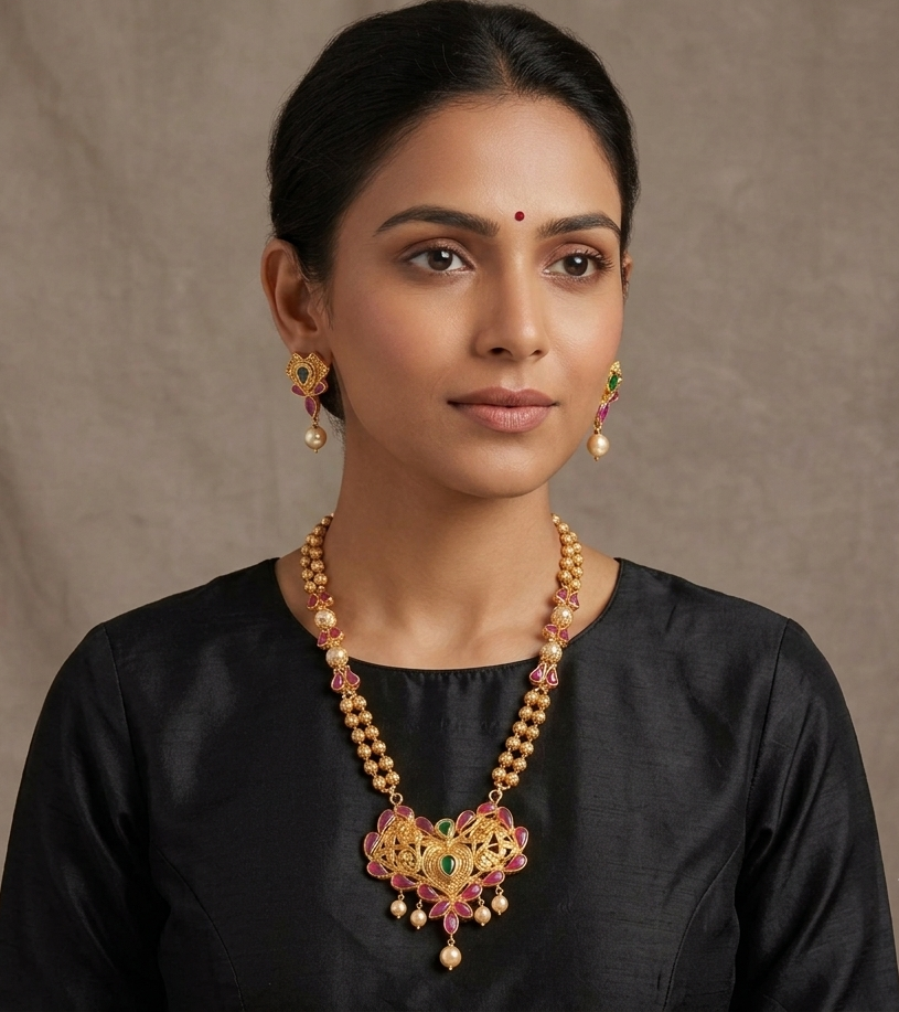 Gold Tone uncut polki pink-green short haar set-dj07901