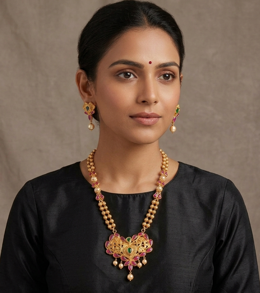 Gold Tone uncut polki pink-green short haar set-dj07901