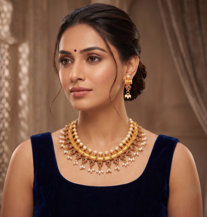 Gold Tone Ruby-emerald rice pearl Gutta Pusalu Necklace Set-dj07907