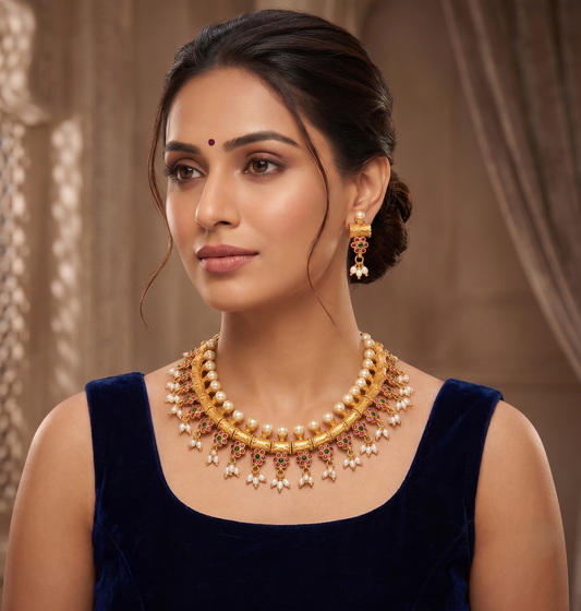 Gold Tone Ruby-emerald rice pearl Gutta Pusalu Necklace Set-dj07907