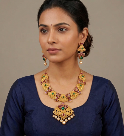 Gold replica real uncut ruby-emerald necklace set dj-07915