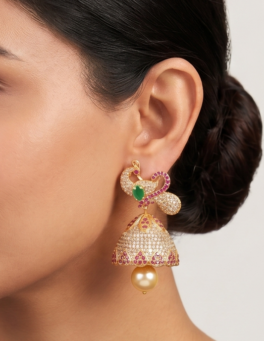 Gold Tone Cz Ruby-emerald Peacock Jhumkka -dj07928