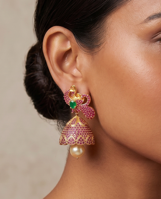 Beautiful Gold Tone Ruby-emerald Peacock Jhumkka -dj07930