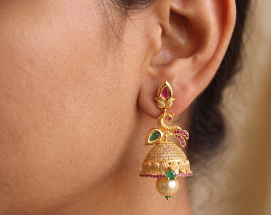 Gold Tone Cz Ruby-emerald Peacock Jhumkka -dj07935
