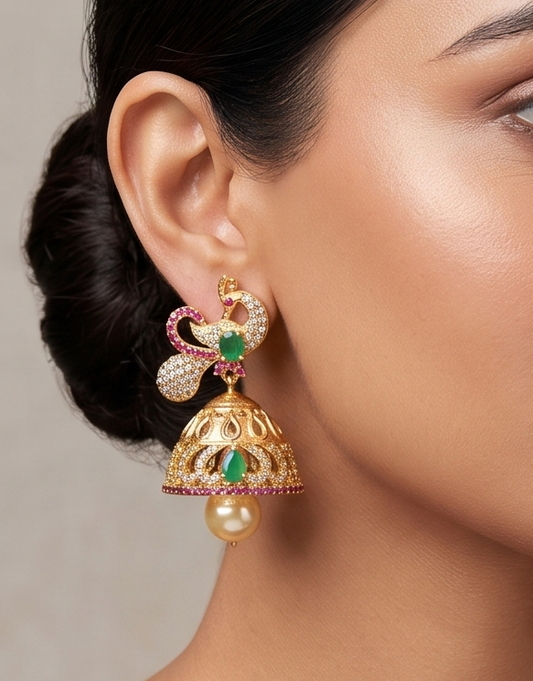 Beautiful Gold Tone Cz Ruby-emerald Peacock Jhumkka -dj07938