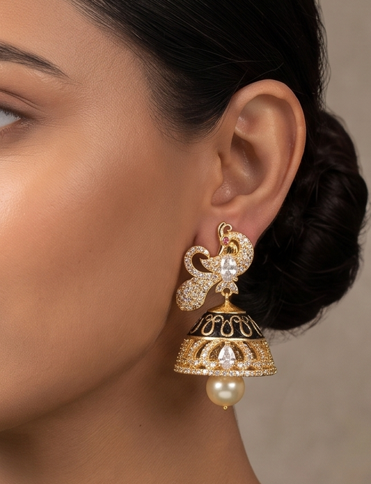 Beautiful Gold Tone Cz-black Peacock Jhumkka -dj07942