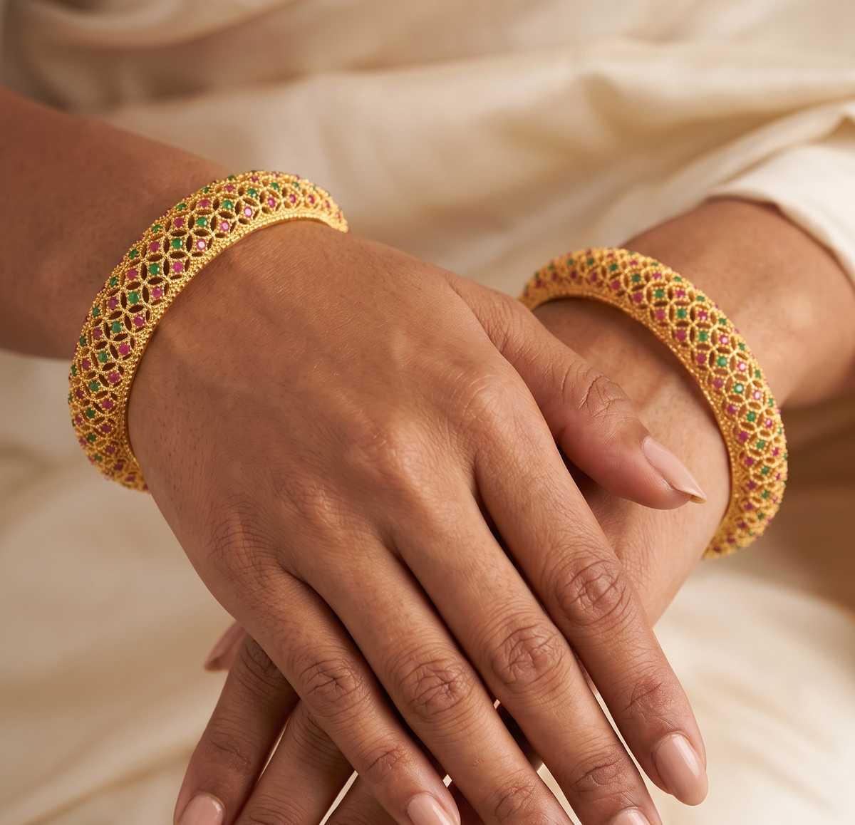 Gold tone ruby-emerald set of 2 Bangles(2.4) dj-07948