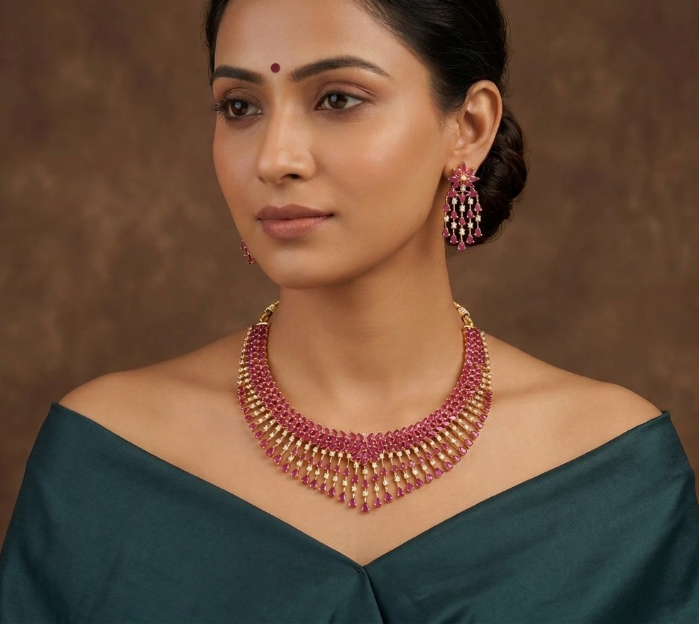 Gold tone cz ruby bridal necklace set dj-07959