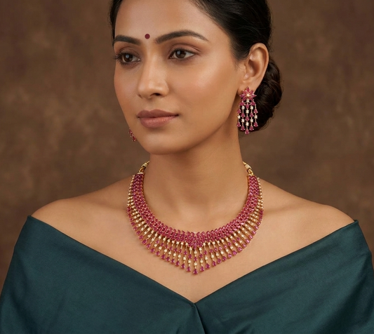 Gold tone cz ruby bridal necklace set dj-07959