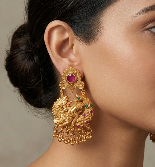 Antique gold tone ruby-emerald ganesha earrings-dj07967