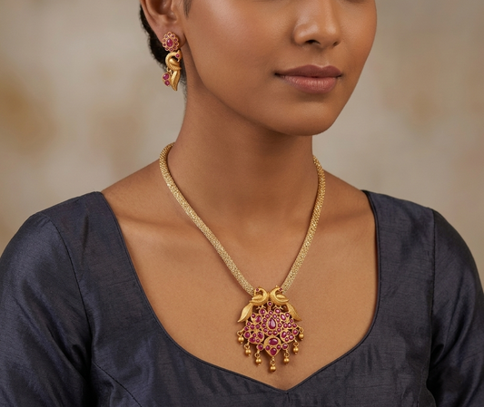 Matte Finish Ruby Peacock Necklace Set-dj07698