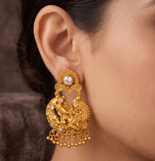 Antique gold tone white ganesha earrings-dj07968