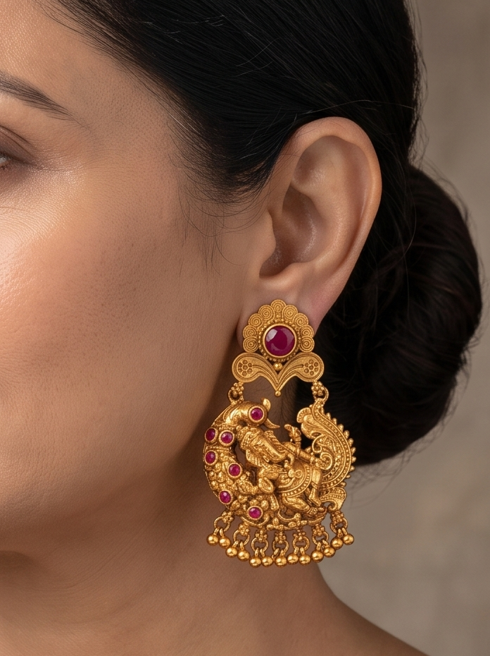 Antique gold tone ruby ganesha earrings-dj07969