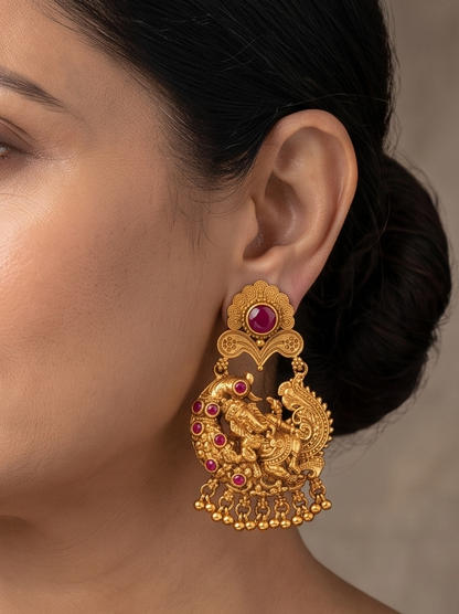 Antique gold tone ruby ganesha earrings-dj07969