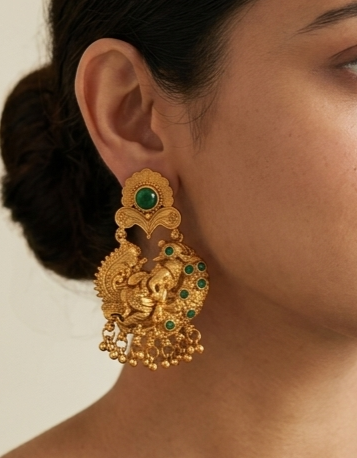 Antique gold tone emerald ganesha earrings-dj07970
