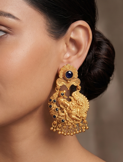 Antique gold tone blue ganesha earrings-dj07971