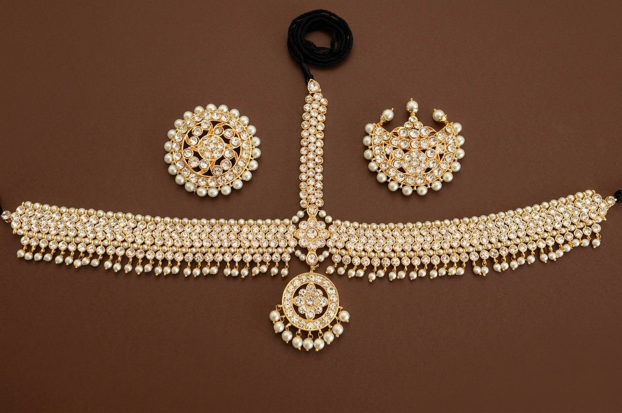 Gold tone AD white stone pearl with sun moon set tikka dj-53385